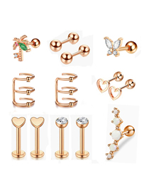 Fashion 14-piece Rose Gold (set Of 2) Stainless Steel Zirconium Coconut Tree Geometric Piercing Stud Earrings Set