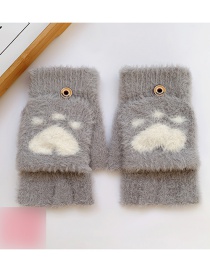 Fashion Gray Cats Claw [5-12 Years Old] Plush Thickened Clamshell Fruit Embroidery Children Gloves