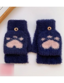 Fashion Navy Blue Cats Paw [5-12 Years Old] Plush Thickened Clamshell Fruit Embroidery Children Gloves