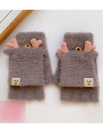 Fashion Dark Gray Antlers [5-12 Years Old] Plush Thickened Clamshell Fruit Embroidery Children Gloves