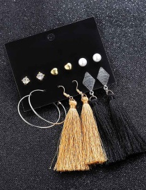 Fashion Khaki + Black Tassel Long Alloy Diamond Pearl Geometric Earrings Set