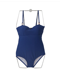 Fashion Blue Sling Gathered Solid Color One-piece Swimsuit