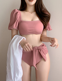 Fashion Pink Open Back Knotted Puff Sleeve Split Swimsuit
