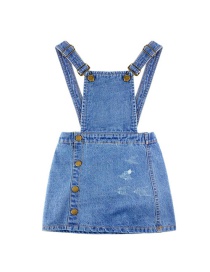 Fashion Denim Blue Childrens Denim Suspender Skirt With Stitching Buttons