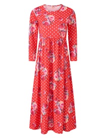 Fashion Red Polka Dot Flower Print Long Sleeve Dress
