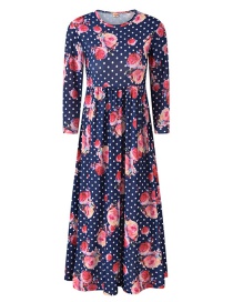 Fashion Dark Blue Polka Dot Flower Print Long Sleeve Dress