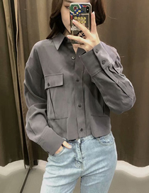 Fashion Dark Gray Pocket Stitching Loose Shirt Top