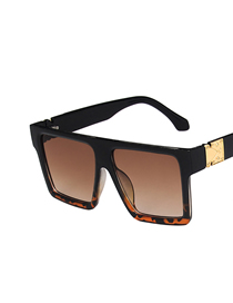 Fashion Upper Black And Lower Leopard Print Double Tea Large Square Frame Resin Sunglasses