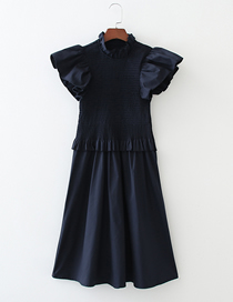 Fashion Navy Pure Color Pull Elastic Small Flying Sleeve Slim Dress