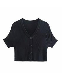 Fashion Black Solid Color V-neck Knitted Short Sleeve T-shirt