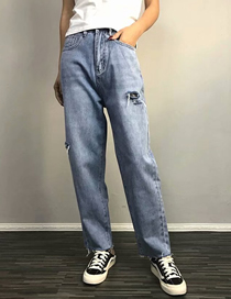 Fashion Blue Ripped Cropped Trousers Side Cut Raw Jeans