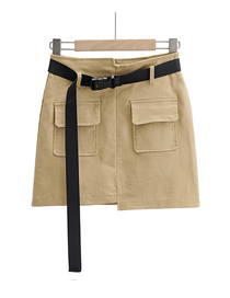 Fashion Khaki Workwear Skirt With Irregular Stitching Pockets With Belt