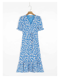 Fashion Blue Daisy Print V-neck Short Sleeve Dress