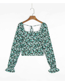 Fashion Green Floral Floral Print Square Neck Tether Long Sleeve Top
