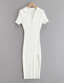 Fashion White Solid Color Pit Strip Knit Short Sleeve Side Slit Dress