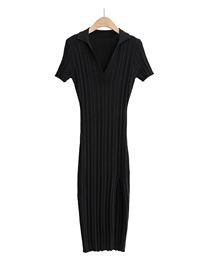 Fashion Black Pure Color Knit Short Sleeve Side Slit Dress