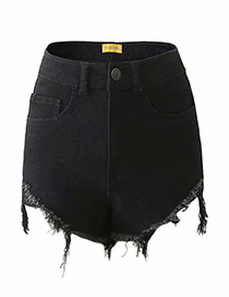 Fashion Black Stretch Denim Shorts With Ripped Holes