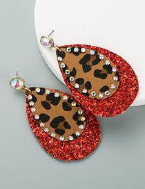 Fashion Red Multi-layered Leather Leopard Sequined Long Diamond Earrings