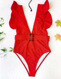 Fashion Red Ruffled Deep V One-piece Swimsuit