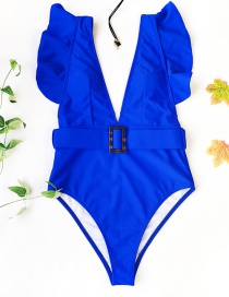 Fashion Navy Blue Ruffled Deep V One-piece Swimsuit