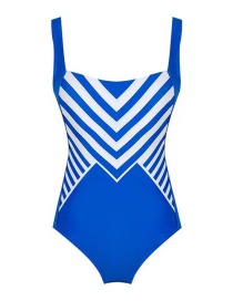 Fashion Blue Striped Panel One-piece Swimsuit