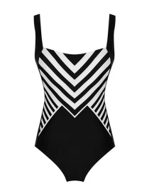 Fashion Black Striped Panel One-piece Swimsuit
