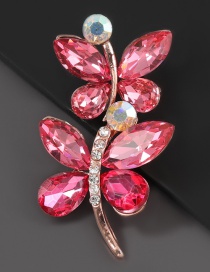 Rose Red Alloy Diamond Leaf Flower Brooch