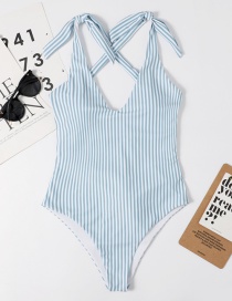 Fashion Blue Striped Knotted Printed Open Back One-piece Swimsuit