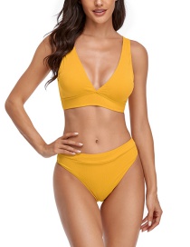 Fashion Yellow Open Back V-neck Split Swimsuit