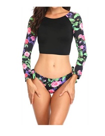 Fashion Black Long-sleeved Printed Open Back Lace-up Swimsuit