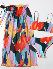 Fashion Orange Printed Knotted Split Swimsuit Three-piece Veil