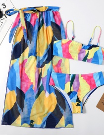 Fashion Yellow Printed Knotted Split Swimsuit Three-piece Veil