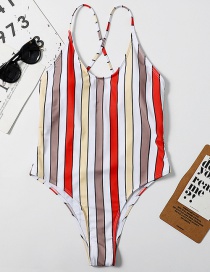 Fashion Khaki Striped Open Back One-piece Swimsuit