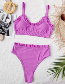 Fashion Purple Solid Color High Waist Split Swimsuit With Wood Ears