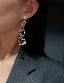 Fashion Silver Love Heart Shaped Asymmetric Long Diamond Tassel Earrings