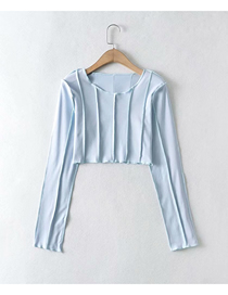 Fashion Blue Reverse Round Neck Short Long-sleeved Slim T-shirt Top