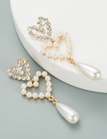 Fashion White Long Pearl Alloy Double Heart Earrings With Diamonds
