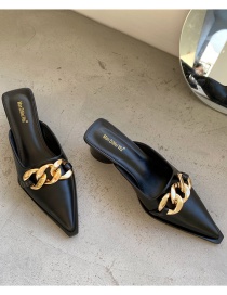 Fashion Black Pointed Baotou Semi-towed Metal Chain Low Heel Sandals