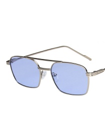 Fashion Silver Frame Blue Film Small Frame Double Beam Metal Marine Sunglasses