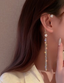 Fashion Silver Ear Clips Long Tassel Earrings With Diamonds And Pearls
