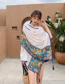 Fashion White Blue Lace Embroidered Fringed Cotton And Linen Silk Scarf