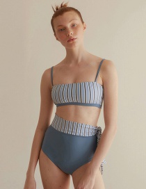 Fashion Blue Striped Contrast High Waist Split Swimsuit
