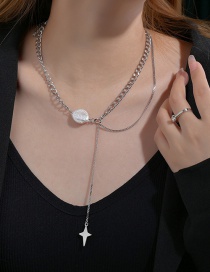Fashion Steel Color Asymmetric Pearl Four-pointed Star Double Necklace