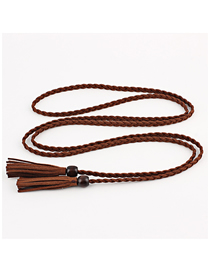 Fashion Coffee Thin Leather Belt Wooden Bead Super Long Tassel Waist Rope