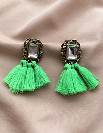 Fashion Green Alloy Diamond Square Cotton Thread Tassel Stud Earrings