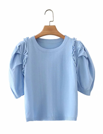 Fashion Blue Short-sleeved Top With Wood Ears