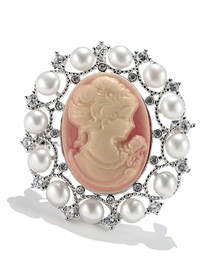 Fashion Silver Color White Freshwater Copper Zircon Cameo Embossed Pearl Brooch