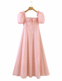 Fashion Pink Slit Floral Print Lace-up Dress