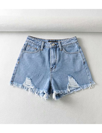 Fashion Blue Washed Denim Shorts With Ripped Holes