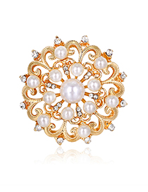 Fashion Gold Color Alloy Diamond Pearl Flower Brooch Necklace Dual Use